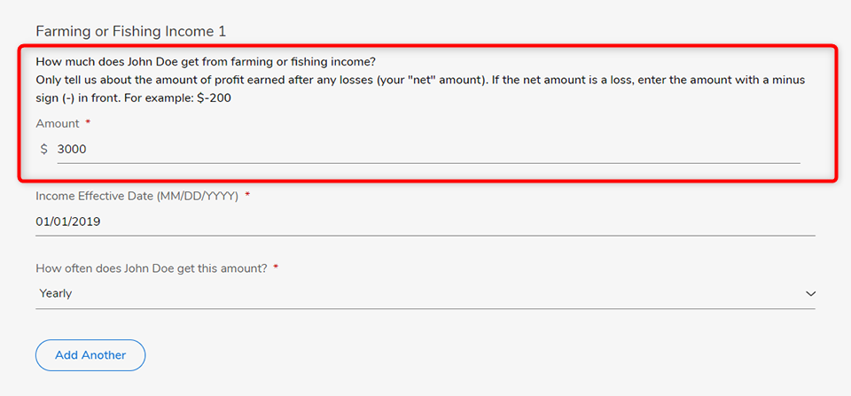Screenshot of farming or fishing income questions