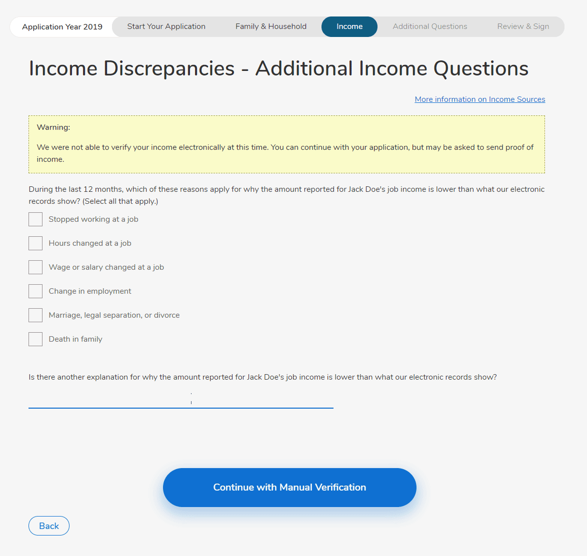 Income discrepancy screenshot from the Health Connector application