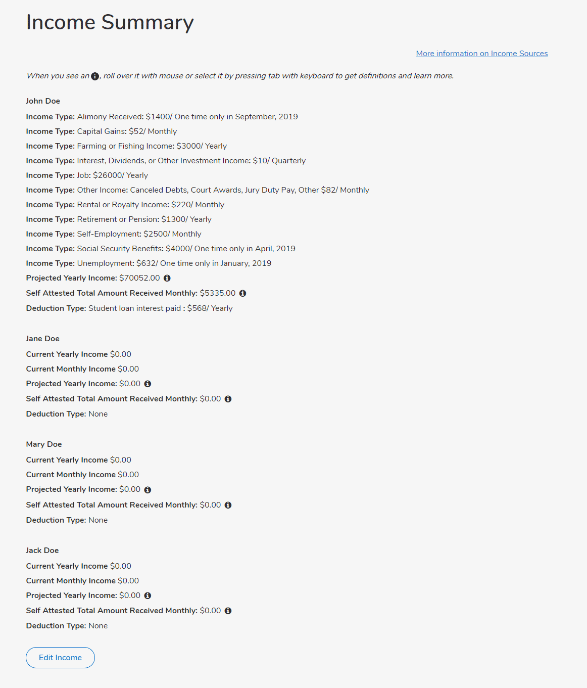Income summary page screenshot from the Health Connector application