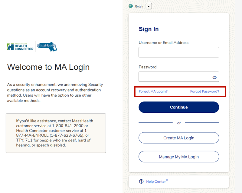 MA login screenshot with forgot user name and forgot password links highlighted