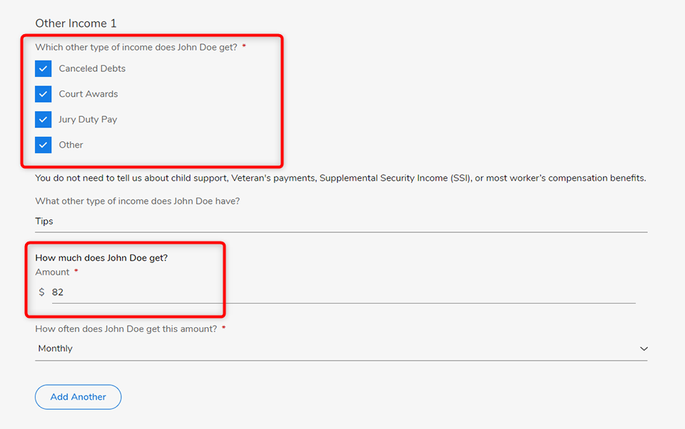 Screenshot of other income questions