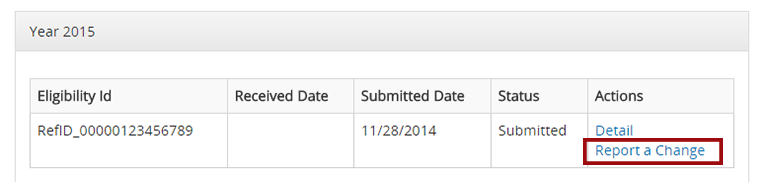 Screenshot of the Report a Change Link in the application
