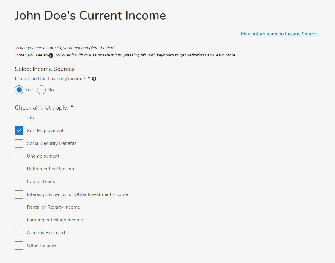 Screenshot of Health Connector application where a user can select all income sources they get