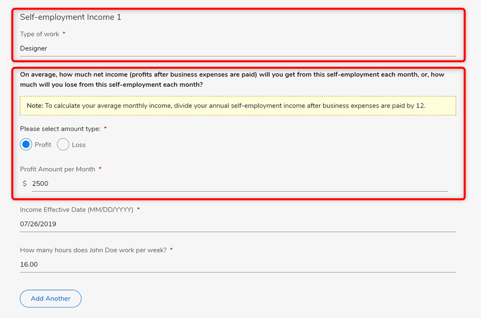 Screenshot of self-employment income questions