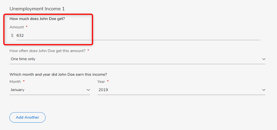 Screenshot of unemployment income questions